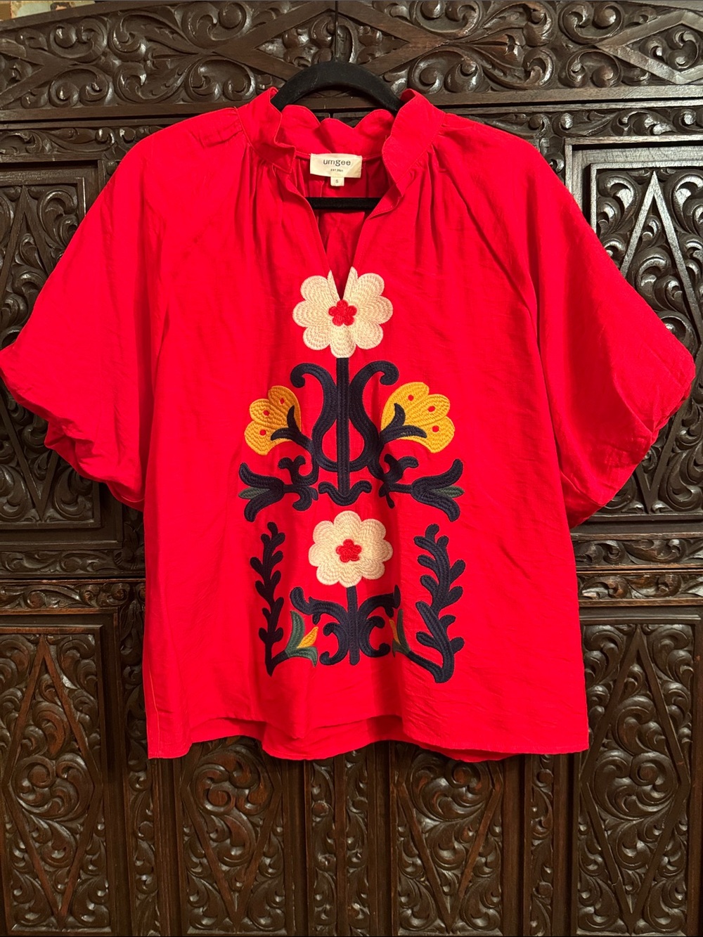 Umgee Bright Red Short-Sleeve Embroidered Floral Blouse